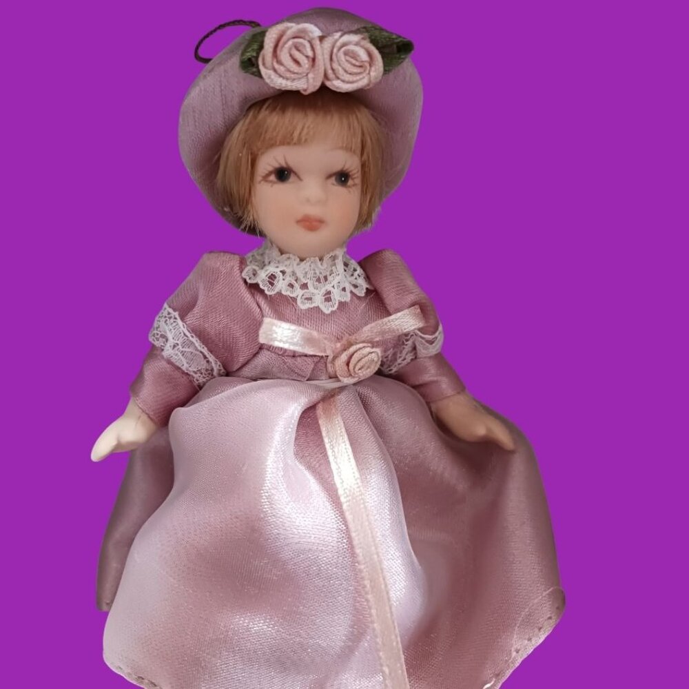 DG Creations Victorian Porcelain Doll Ornament  In Pink Dress & Hat - Picture 2 of 4